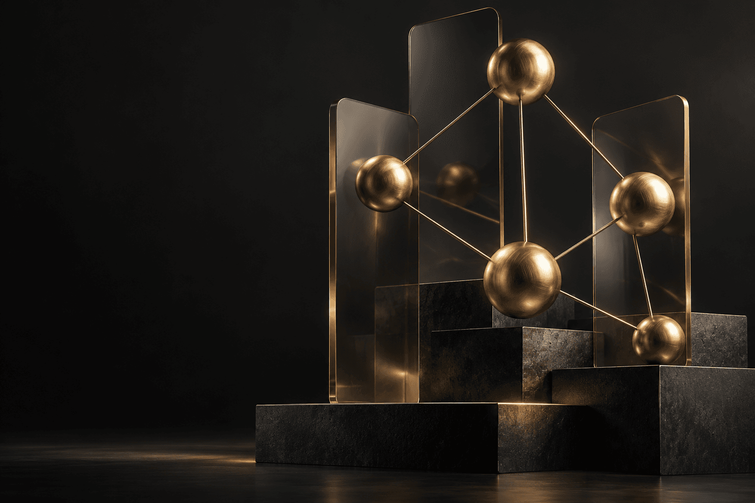 Sculptural gold spheres connected through glass panels